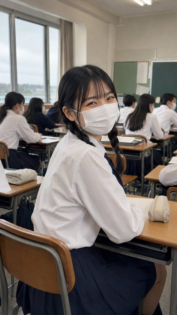 A young Japanese student in a school uniform and mask smiles at the camera from her desk in a classroom.