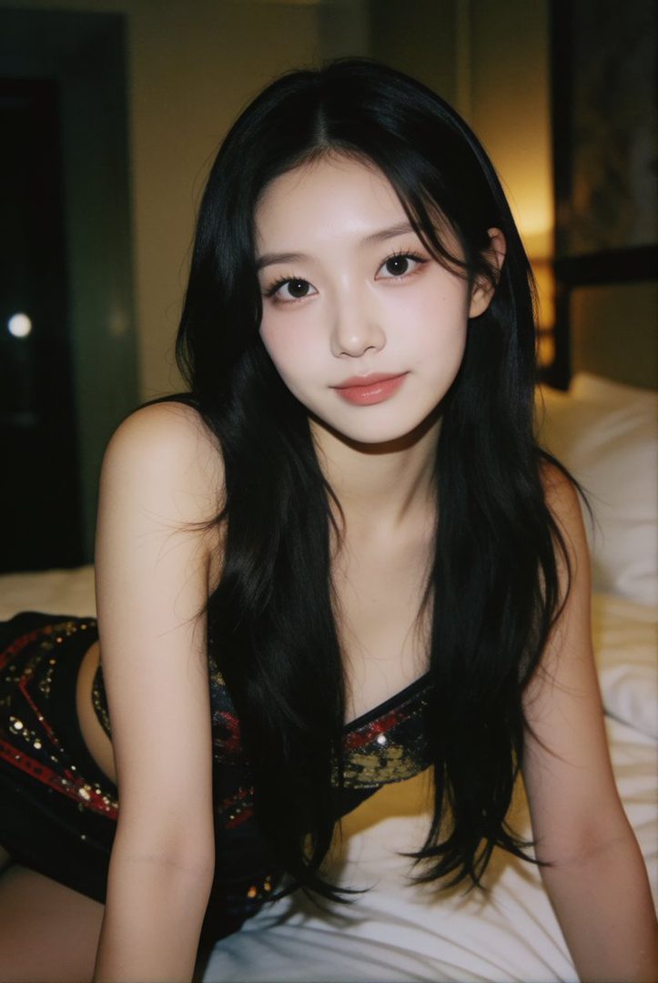 A photorealistic portrait of a young woman with long black hair, wearing a sequined top, posing indoors.