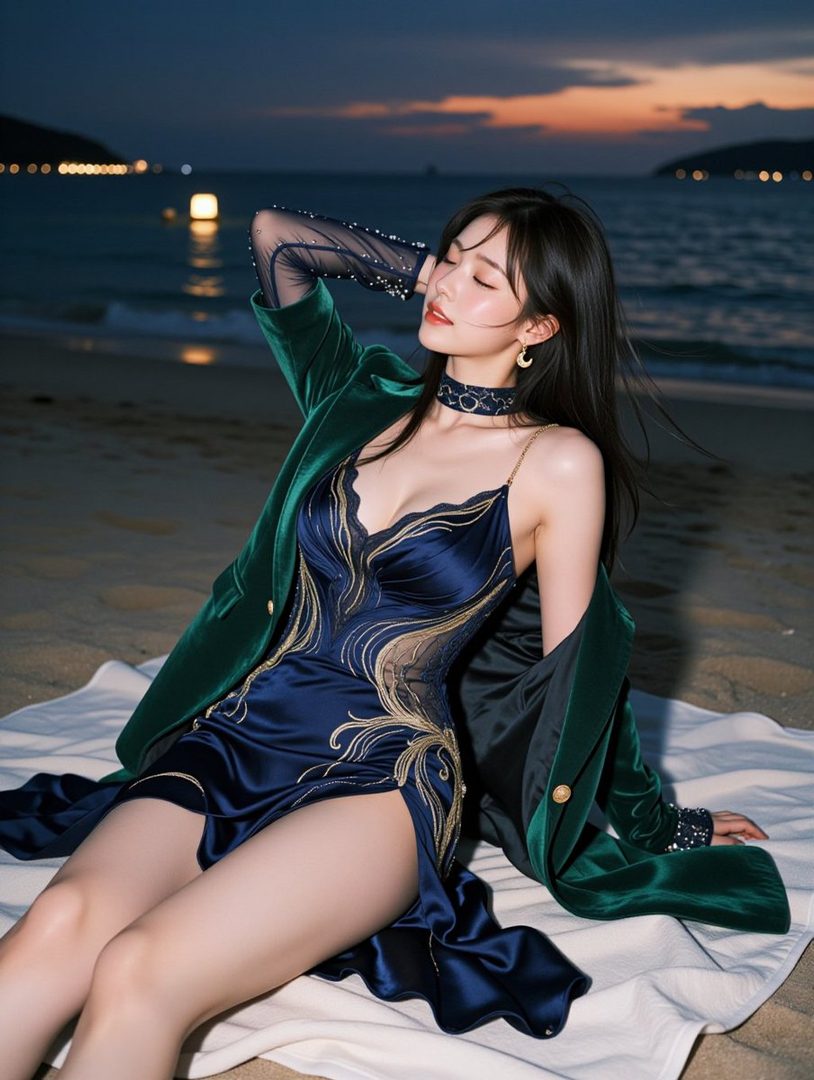 A woman in a blue dress and green coat poses elegantly on a beach at night.