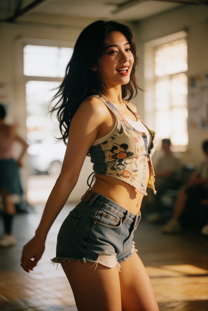 A smiling young woman with long dark hair wears a patterned crop top and denim shorts indoors.