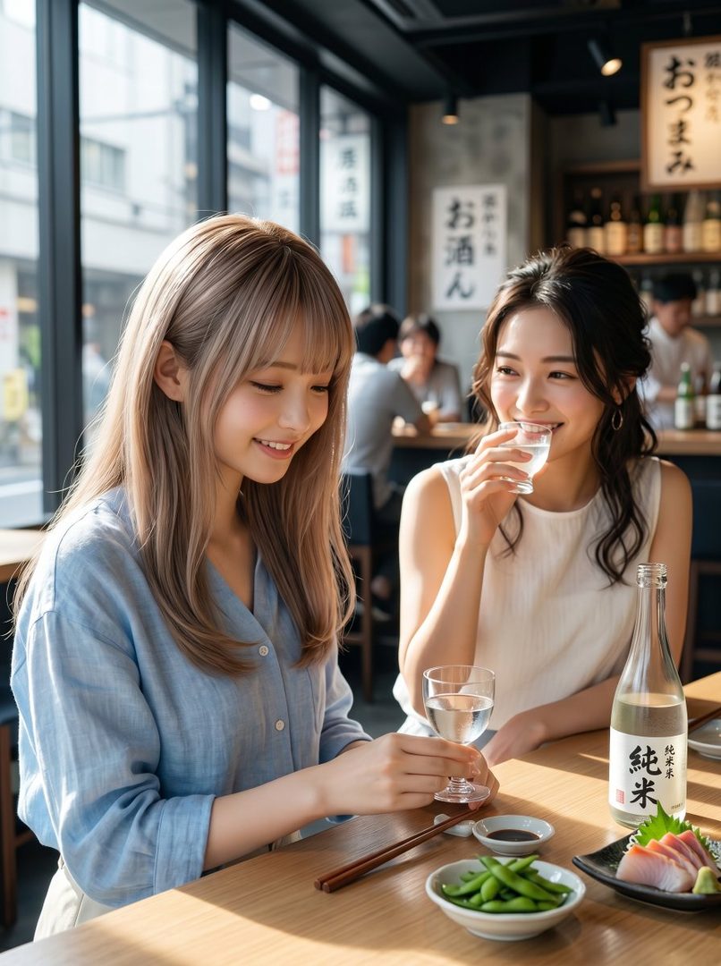 Two young women are enjoying a meal and drinks at a Japanese restaurant, with one smiling while holding a glass and the other looking down with a gentle smile.