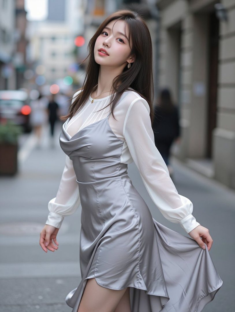A beautiful East Asian woman with long brown hair poses elegantly in a silver dress and white sheer top on a city street.