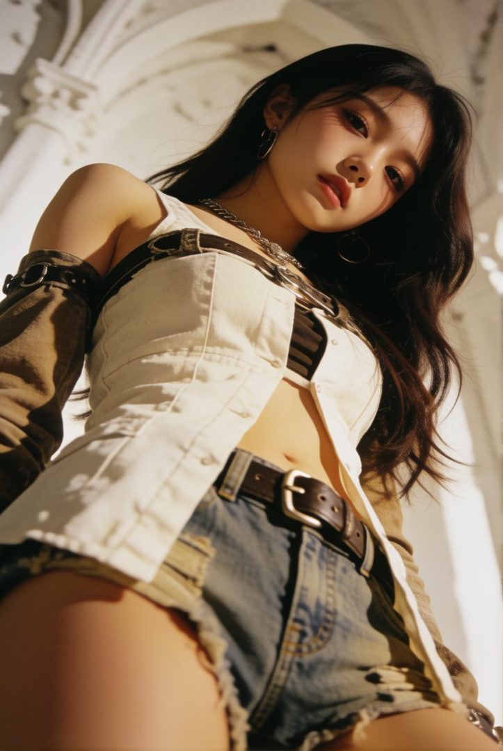 A photorealistic portrait of a young woman with long black hair, wearing a white open vest and denim shorts, looking down at the camera from a low angle.