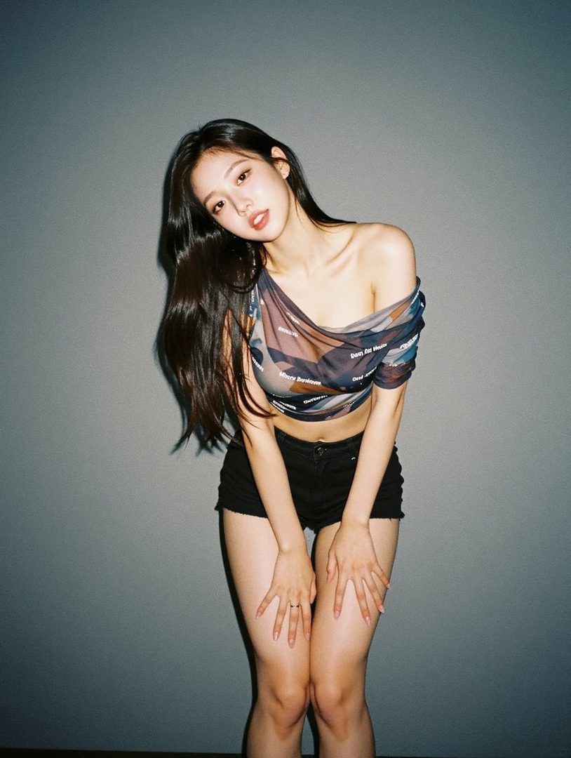 A photorealistic AI-generated portrait of a young woman with long black hair, wearing a sheer off-the-shoulder top and black shorts, posing against a gray background.