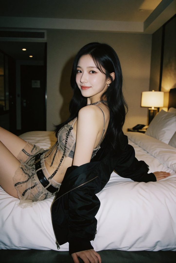A young woman with long black hair and a sheer dress poses on a bed in a hotel room.