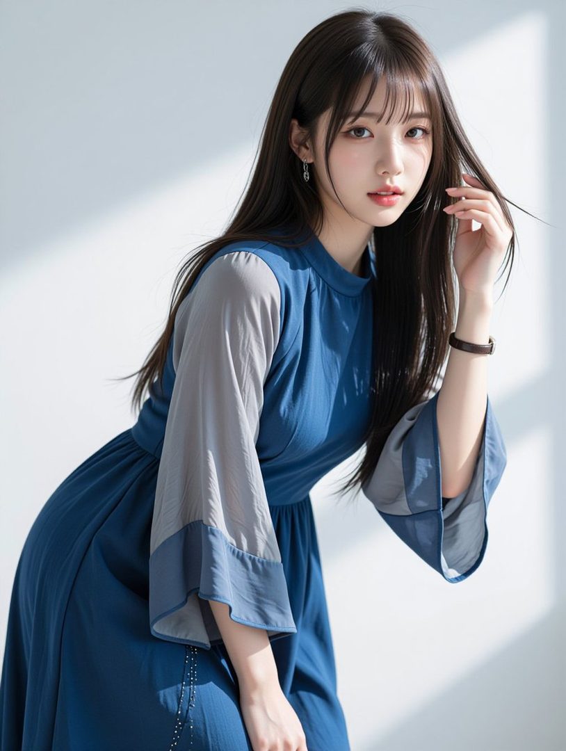 A photorealistic portrait of a young woman with long black hair and bangs, wearing a blue and grey dress, posing in a studio.