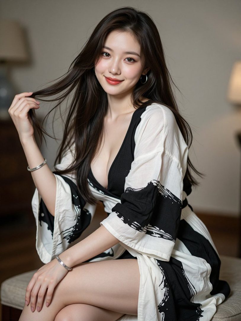 A beautiful East Asian woman with long black hair smiles at the camera while sitting indoors, wearing a black and white patterned top.