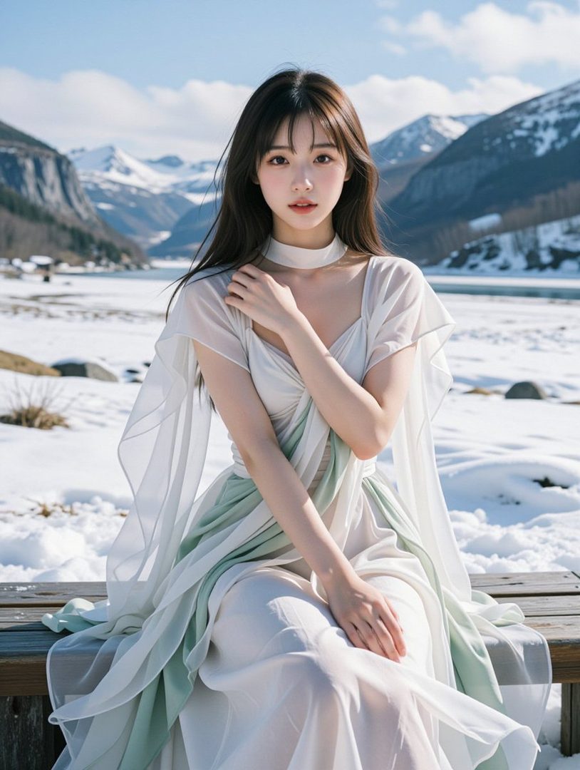 A beautiful woman with long brown hair sits on a wooden bench in a snowy mountain landscape, wearing a flowing white and green dress.