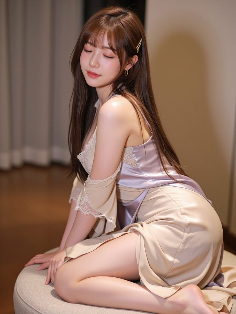 A photorealistic portrait of a woman with long brown hair and bangs, wearing a light-colored top with lace details, sitting indoors with her eyes closed.