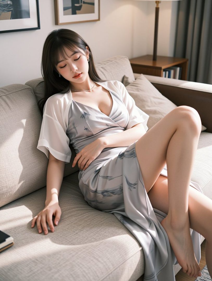 A beautiful woman with long brown hair and a light gray dress is relaxing on a sofa indoors, bathed in sunlight.