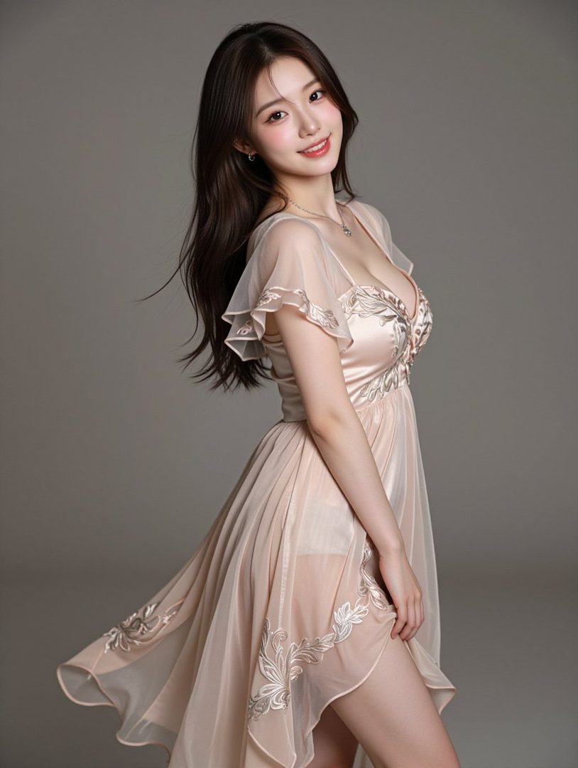 A beautiful woman with long brown hair smiles while wearing a light pink dress with embroidered details in a studio setting.