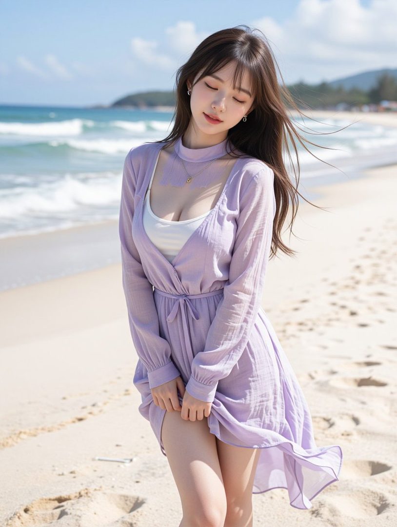 A young woman with long brown hair and a light purple dress stands on a sandy beach with her eyes closed, enjoying the sun.