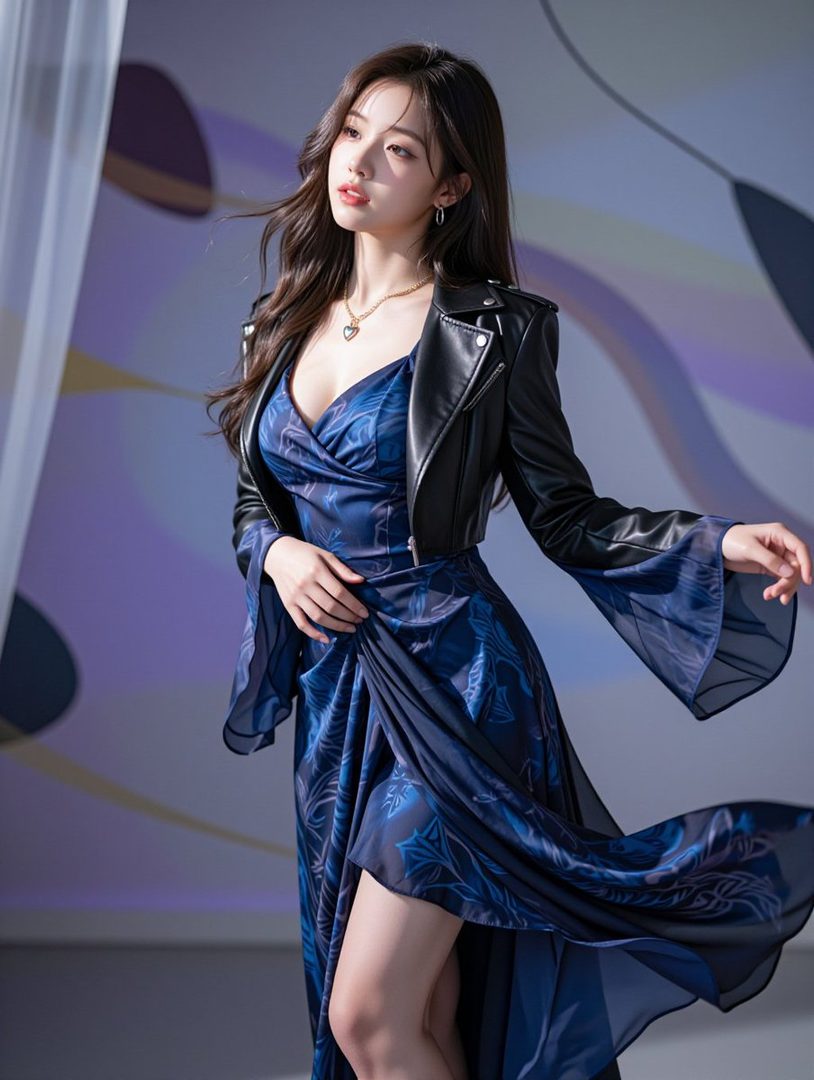 A beautiful woman with long brown hair wears a blue patterned dress and a black leather jacket in a studio setting.