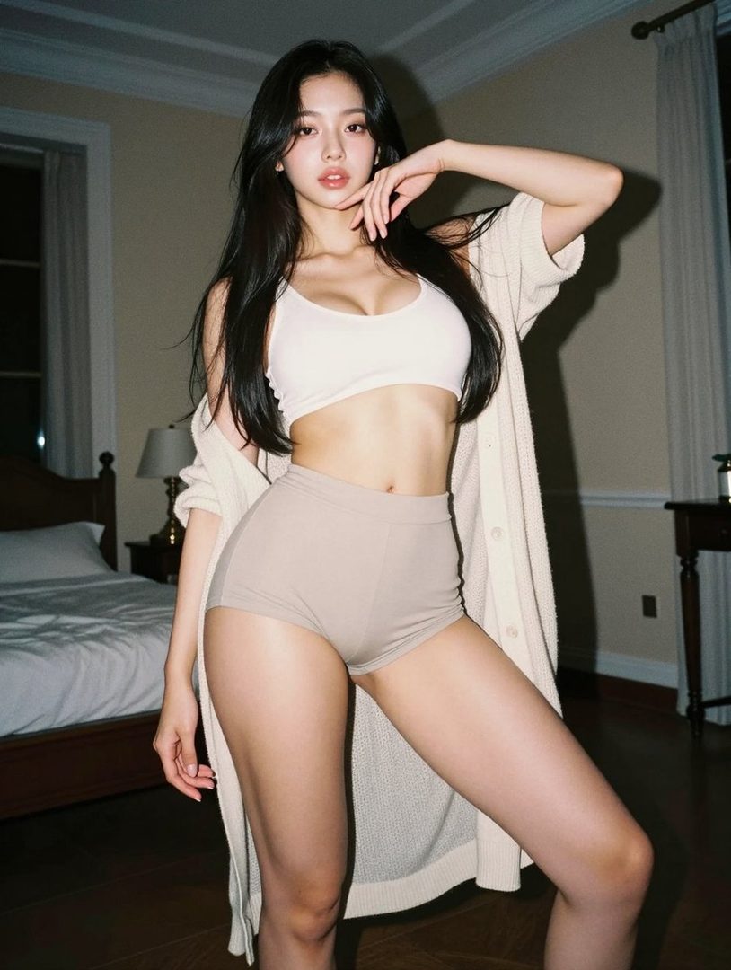 A photorealistic AI-generated image of a woman with long black hair wearing a white crop top and beige shorts, posing indoors.