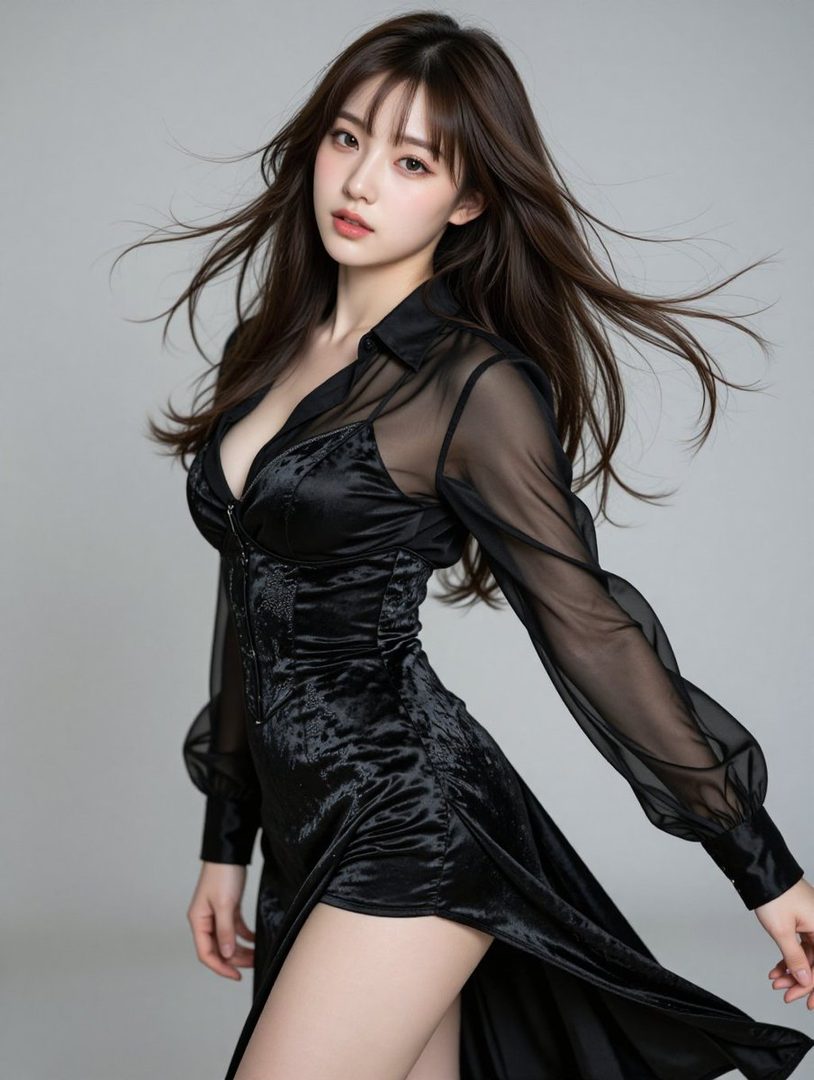 A beautiful woman with long brown hair and bangs wears a black sheer and satin dress in a studio setting.