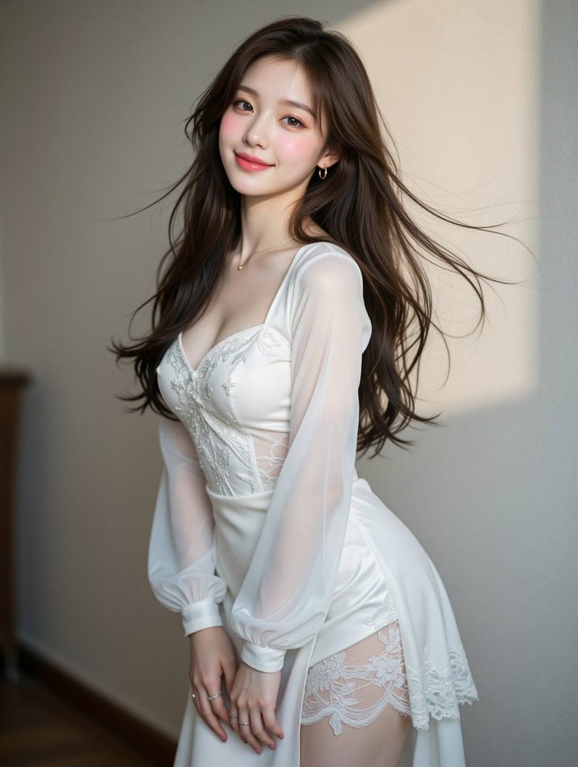 A beautiful woman with long brown hair smiles while wearing a white lace dress indoors.