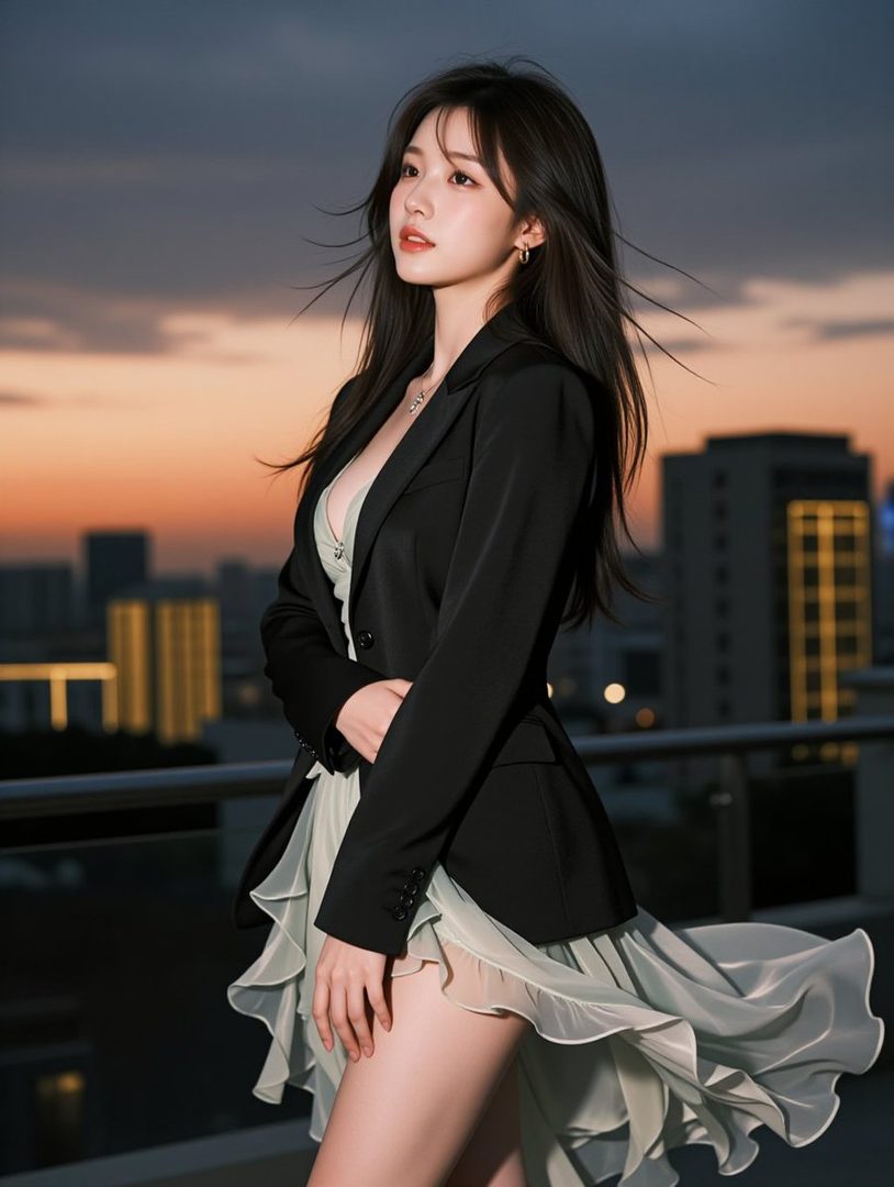 A beautiful woman with long black hair and a black blazer over a light green dress stands on a rooftop at golden hour, looking into the distance.