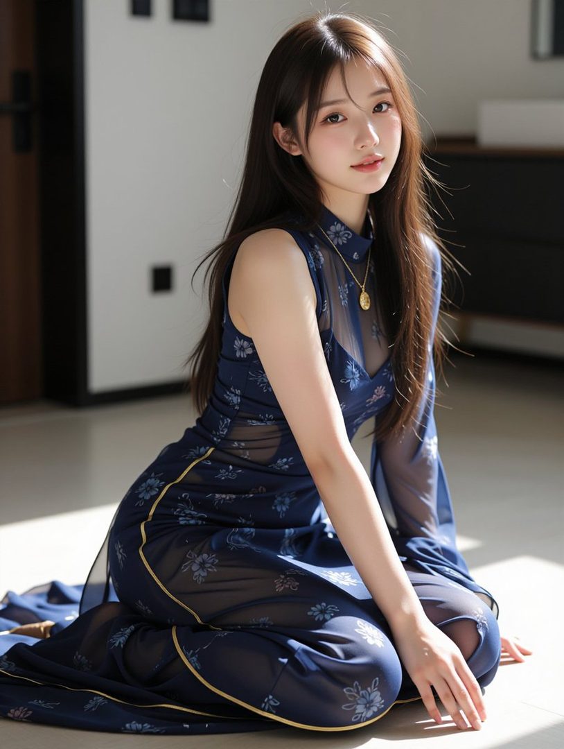 A photorealistic AI-generated image of a young woman with long brown hair, wearing a sheer blue floral dress, kneeling indoors with sunlight casting shadows.