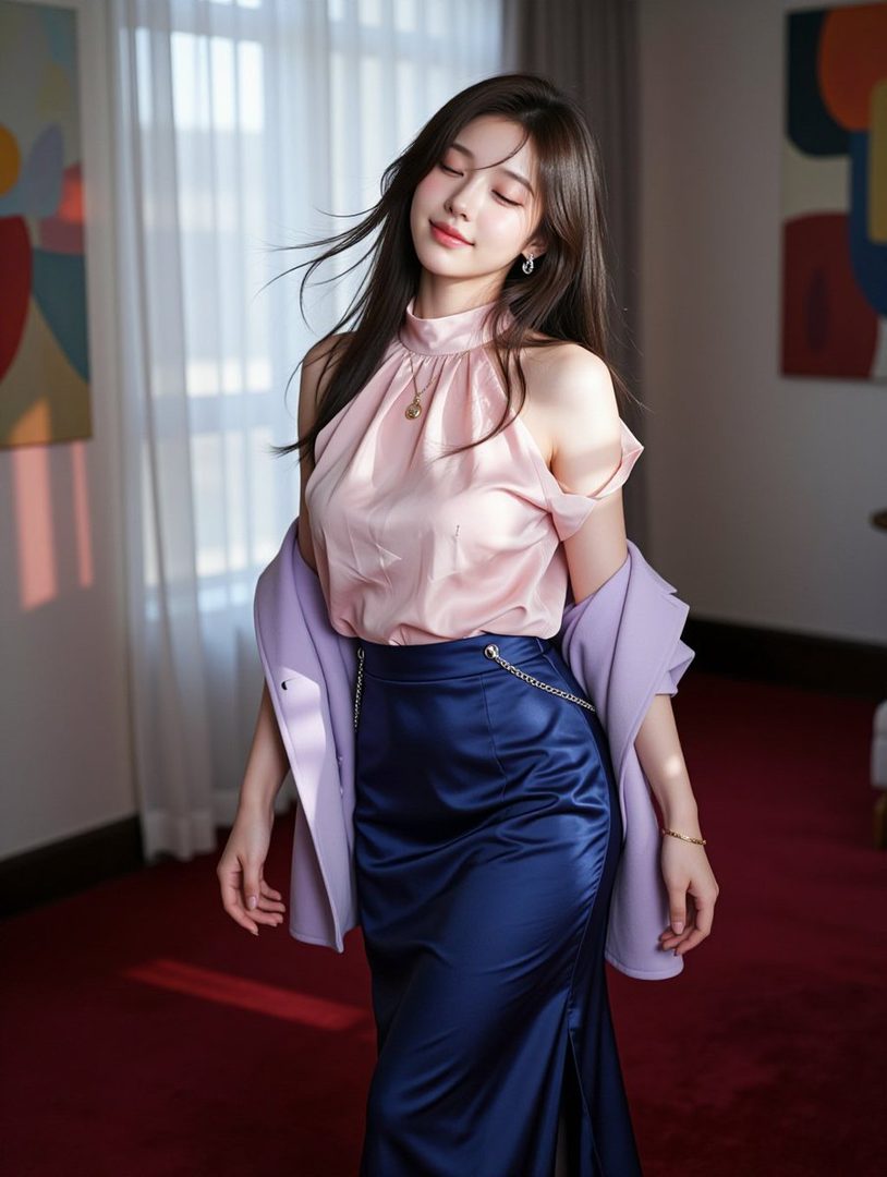 A beautiful woman with long brown hair and a pink top with a blue skirt stands indoors, eyes closed, with a gentle smile.