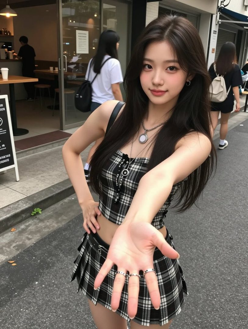 A young woman with long black hair and a plaid crop top and skirt extends her hand towards the camera on a city street.