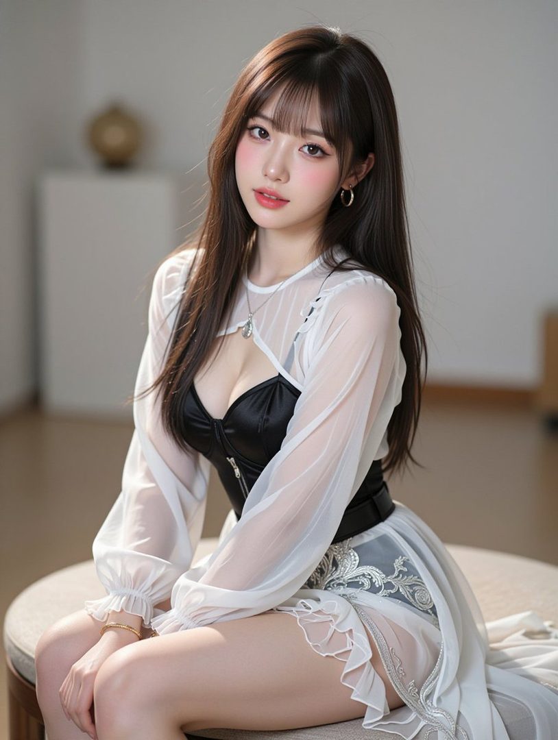 A photorealistic portrait of a young woman with long brown hair and bangs, wearing a sheer white top over a black corset, sitting indoors.