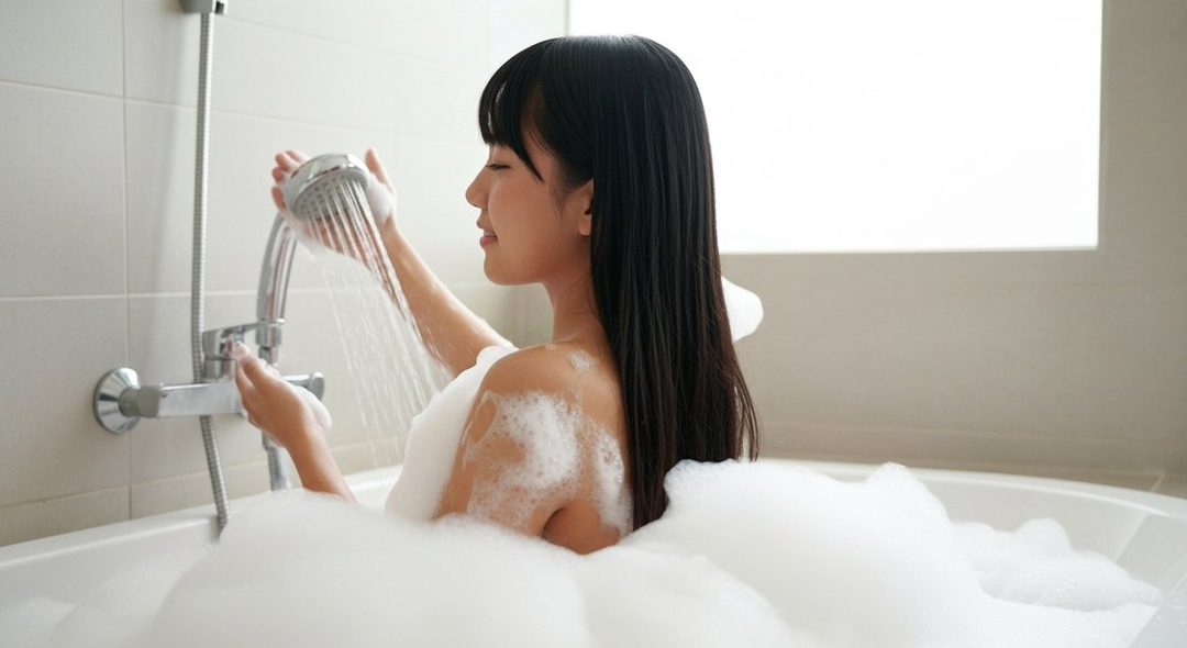 A woman with long black hair is taking a bubble bath, holding a shower head and smiling with her eyes closed.