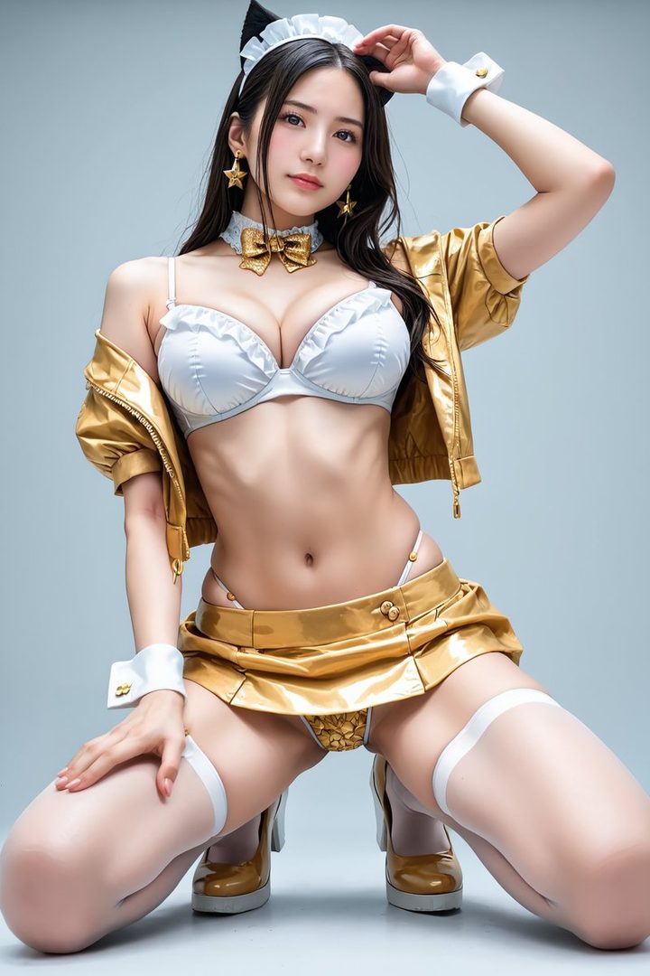 A woman in a gold outfit and white bra, with cat ears and a maid headband, kneels in a studio.