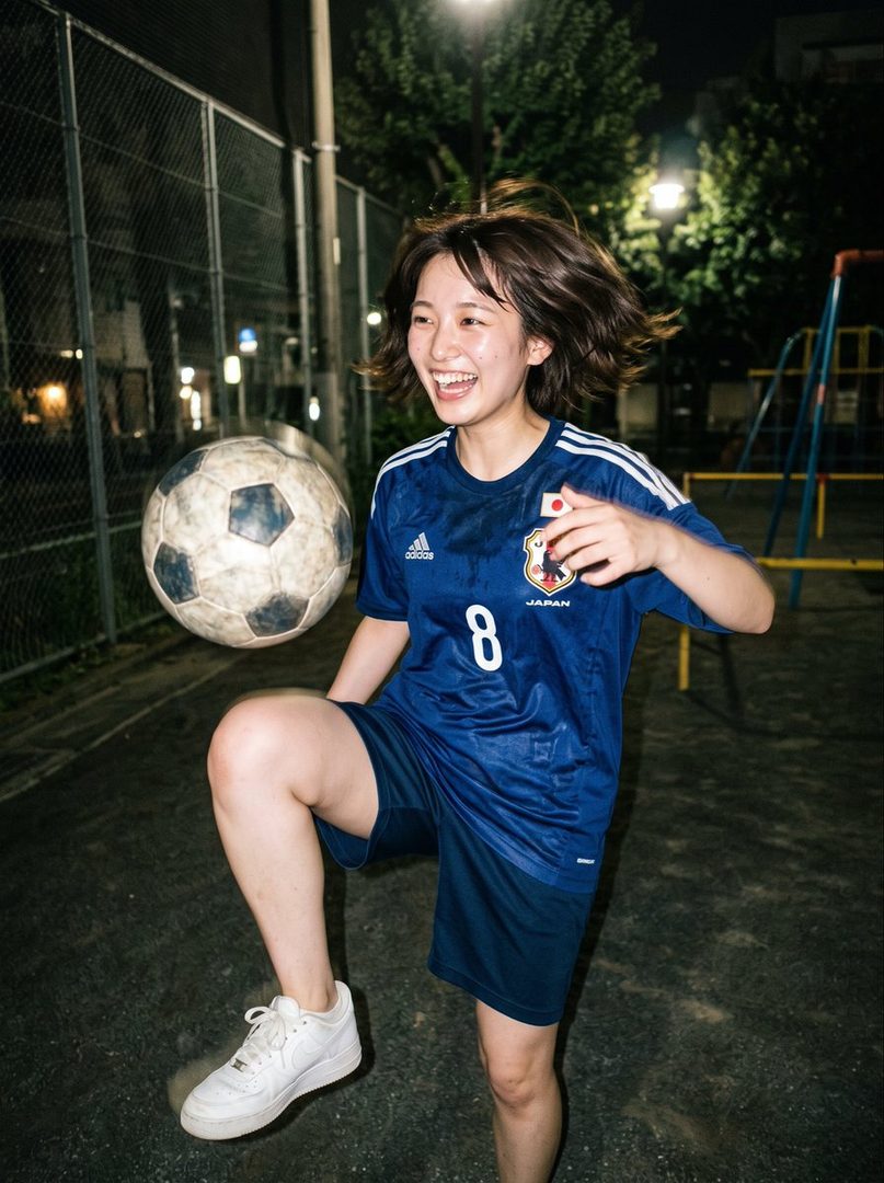 A young woman in a blue Japan soccer jersey juggles a soccer ball at night.