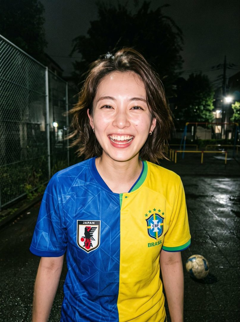 A smiling woman wearing a half Japan, half Brazil soccer jersey stands outdoors at night with a soccer ball nearby.