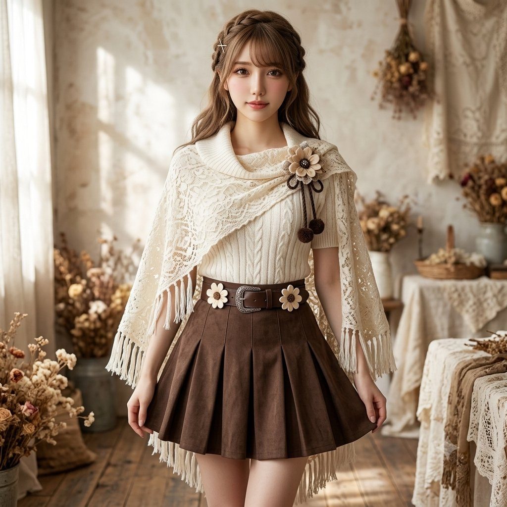 A young woman with braided brown hair wears a cream knit top, a lace shawl, and a brown pleated skirt with a flower-decorated belt, standing in a rustic indoor setting.