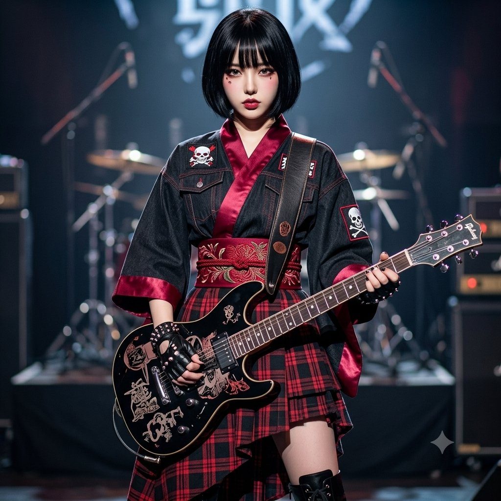 A woman with short black hair and bangs, wearing a red and black kimono-style top and a plaid skirt, holds an electric guitar on a stage.