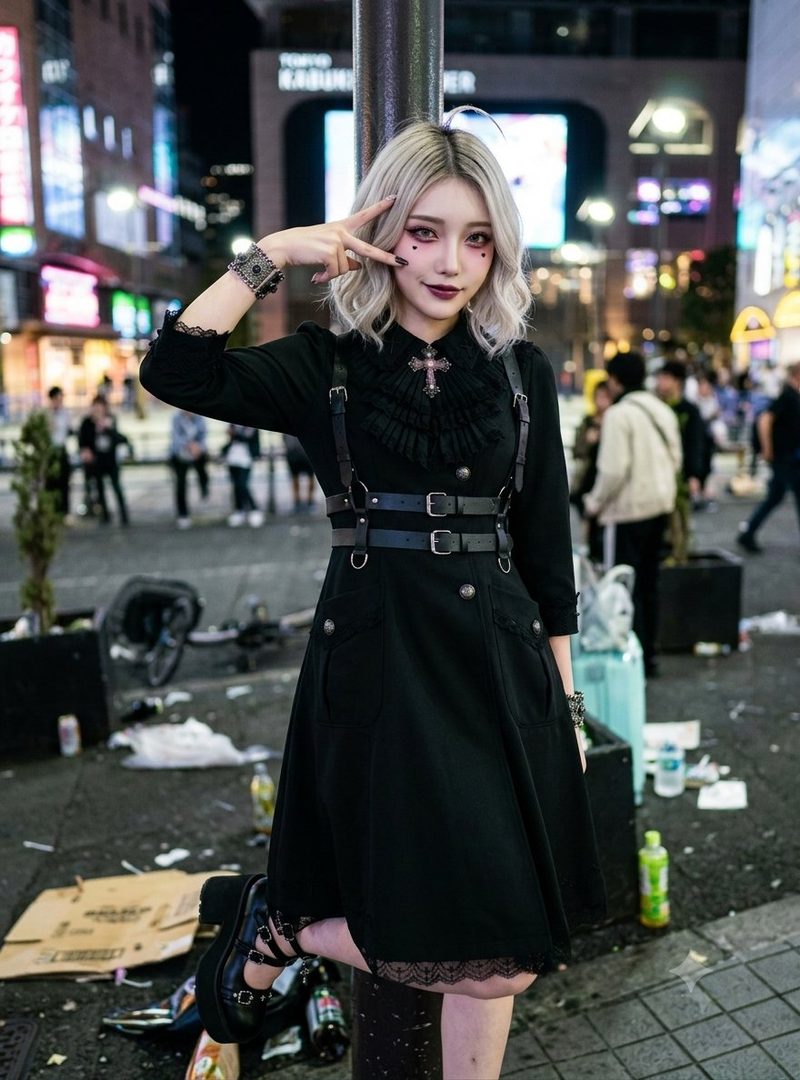 A woman with blonde hair and dark makeup poses on a city street at night, wearing a black dress with a harness.