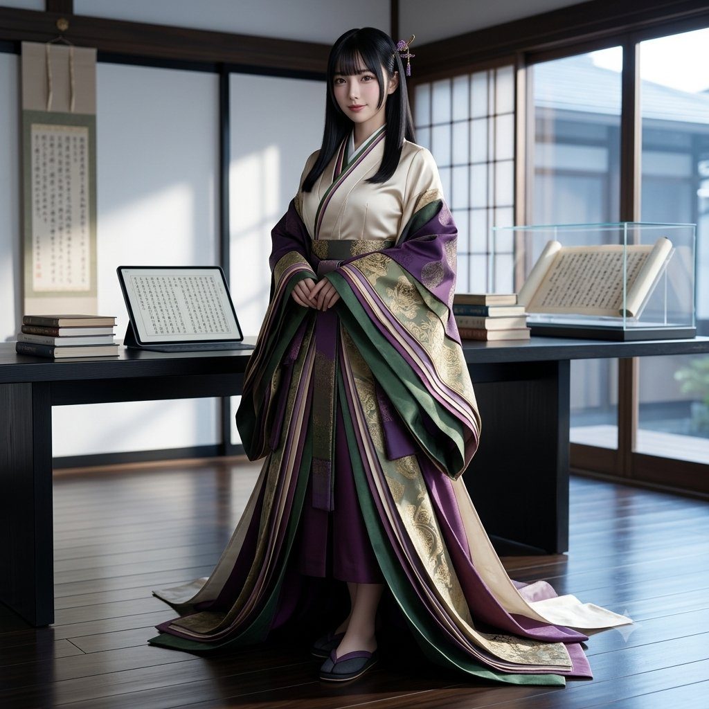 A woman with long black hair and bangs, wearing an elaborate purple and green kimono, stands in a traditional Japanese room with a tablet and scrolls on a table.