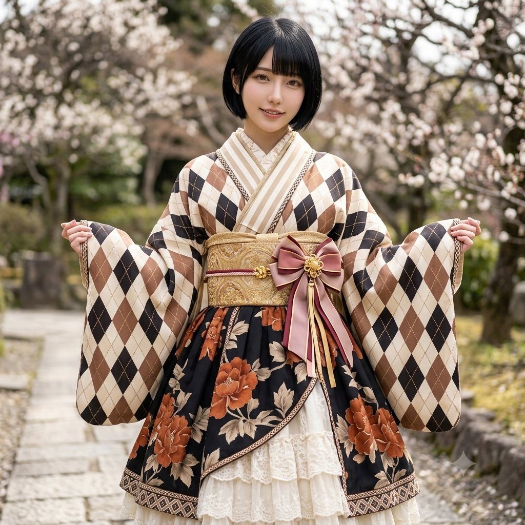 A young woman with short black hair and bangs smiles while wearing a patterned kimono-style dress outdoors with cherry blossoms in the background.