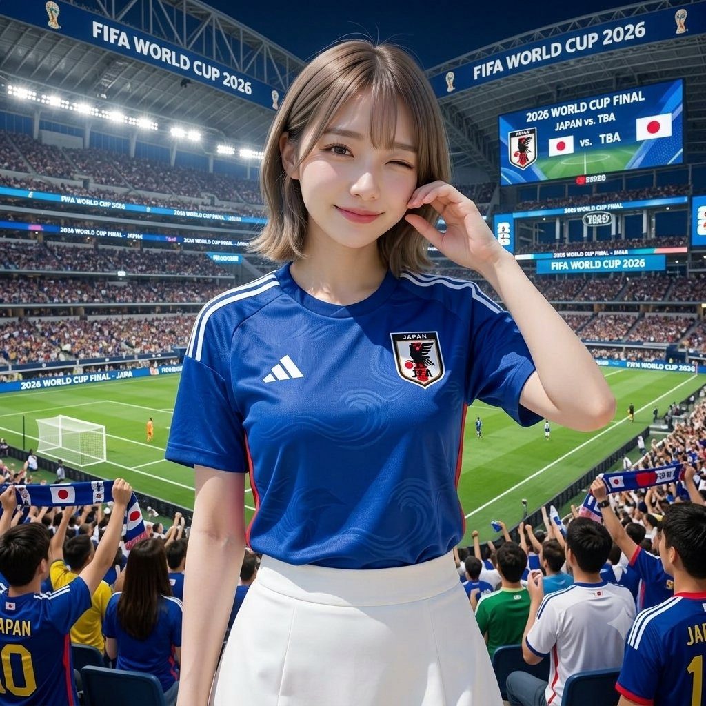 A cute Japanese woman in a blue Japan national football team jersey and white skirt winks at the camera in a crowded stadium during the FIFA World Cup 2026.