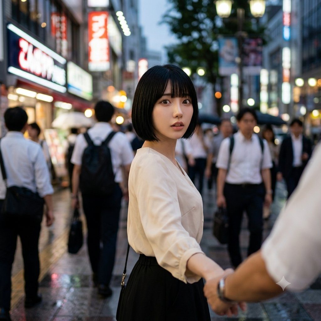 A young woman with short black hair and bangs, wearing a light blouse and dark skirt, looks back over her shoulder while holding hands with someone on a busy city street at night.