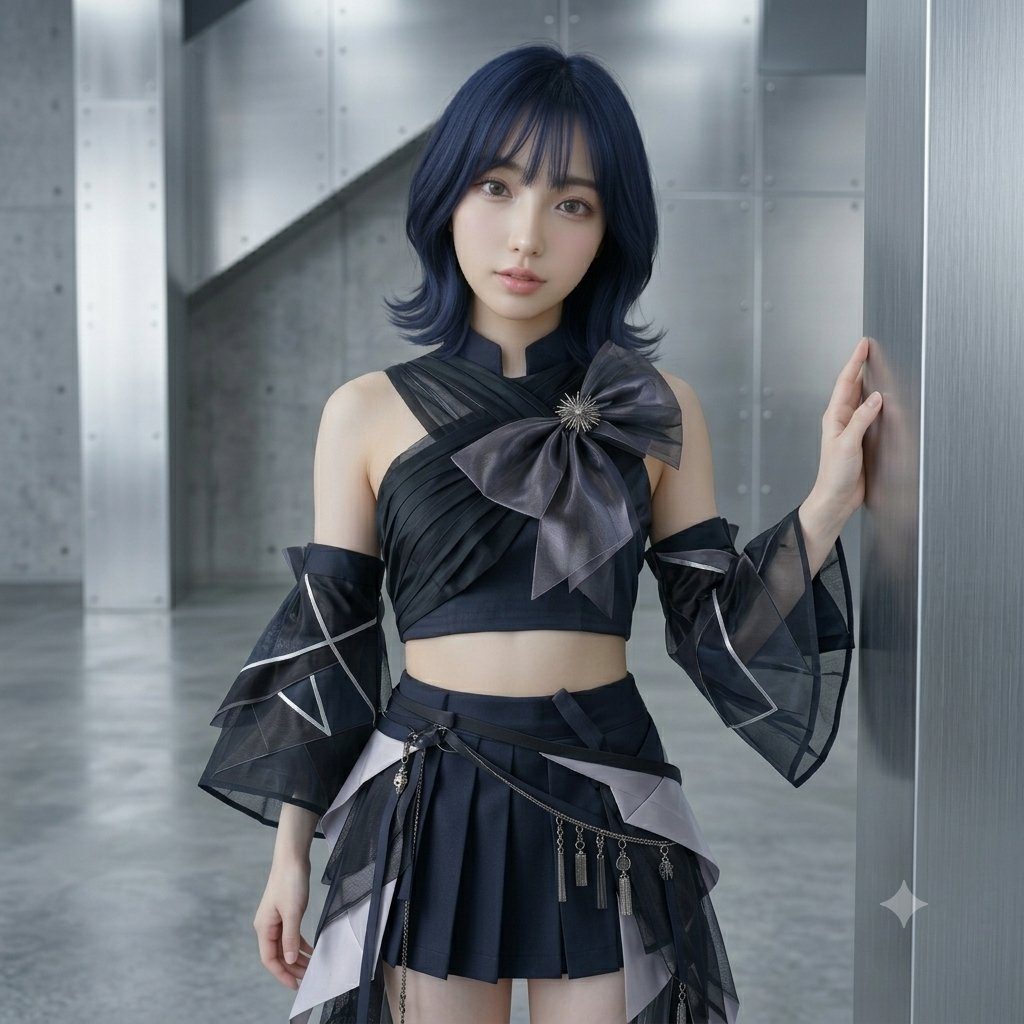 A young woman with short blue hair and a dark, intricate outfit stands in a modern, industrial-looking indoor setting.