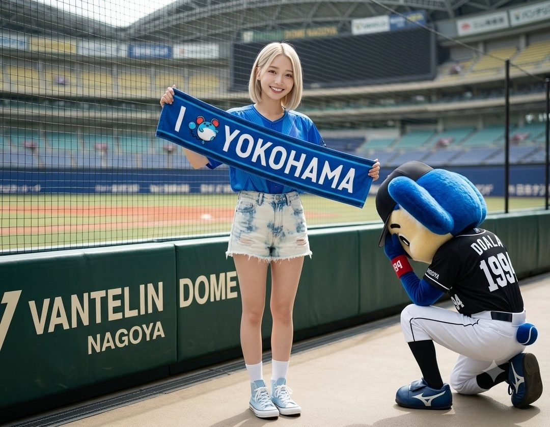 A young woman with blonde hair holds up an "I love Yokohama" towel at a baseball stadium, standing next to a mascot.