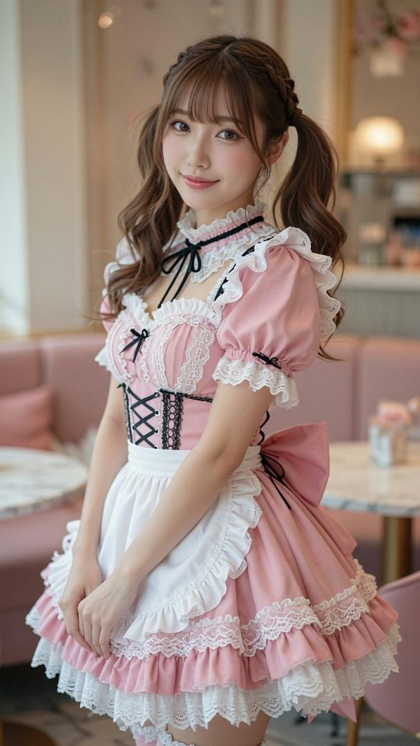 A cute East Asian woman with brown twintails and bangs, wearing a pink and white maid outfit, smiles gently indoors.