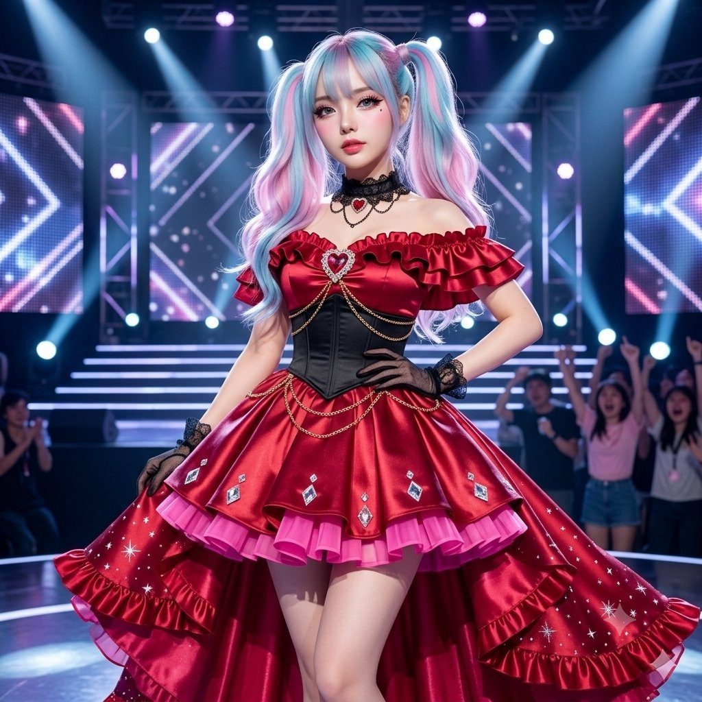 A woman with pink and blue twintails hair wears a red and black dress with a corset and ruffles, standing on a stage with spotlights and an audience.