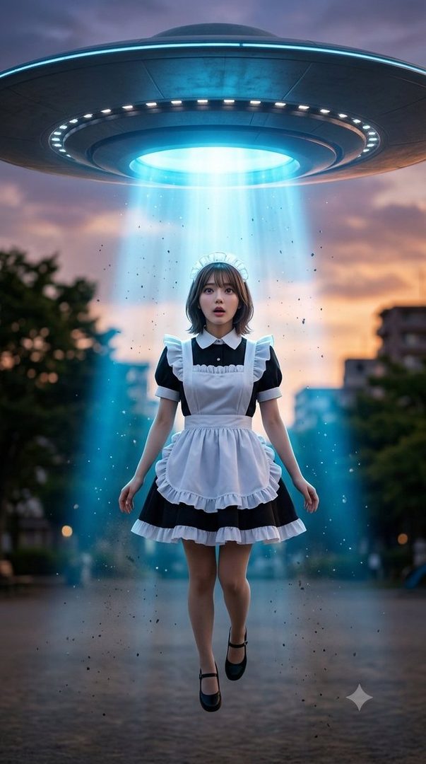 A young woman in a maid outfit is being abducted by a UFO, with a surprised expression on her face.