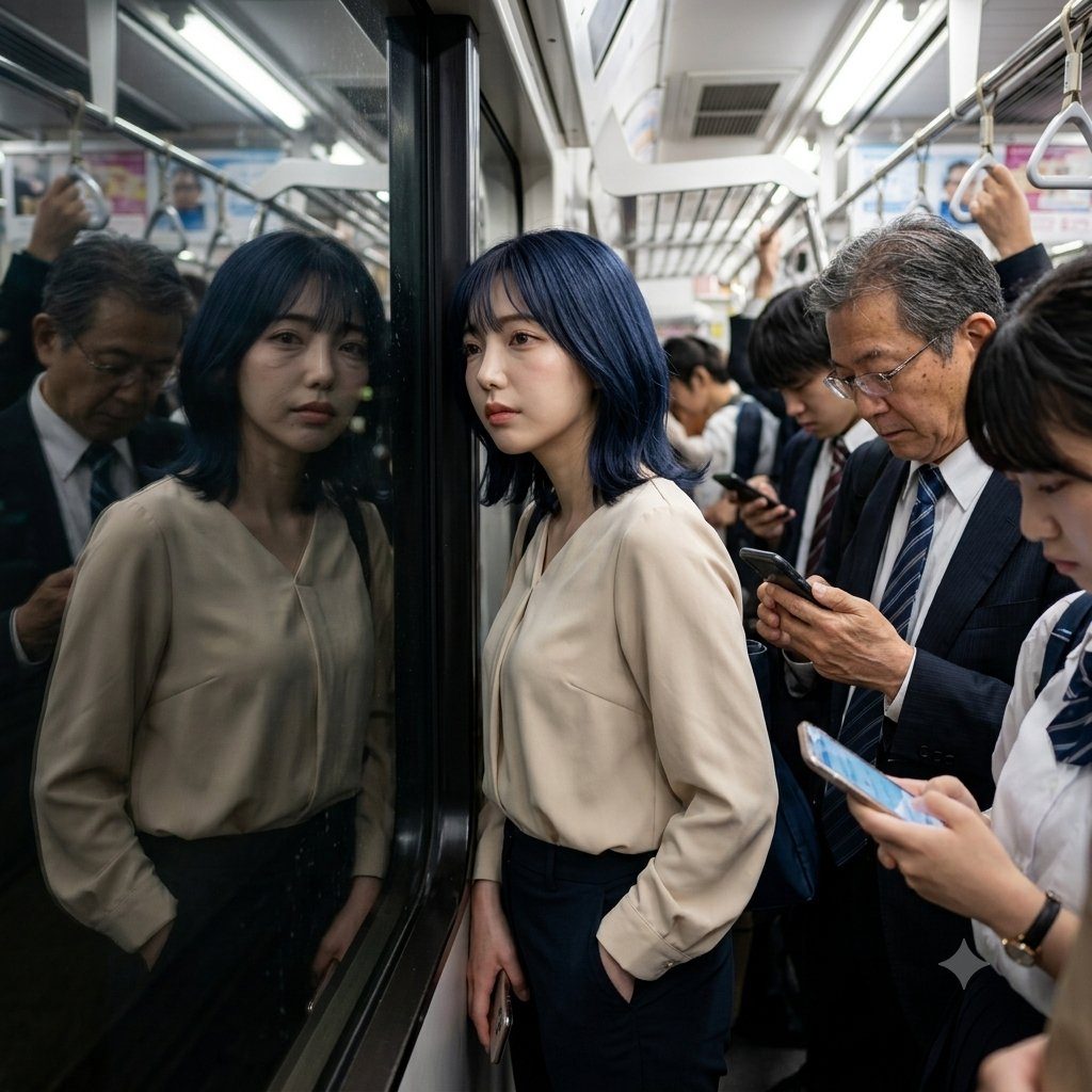 A young woman with blue hair stands in a crowded train, looking out the window with her reflection visible.