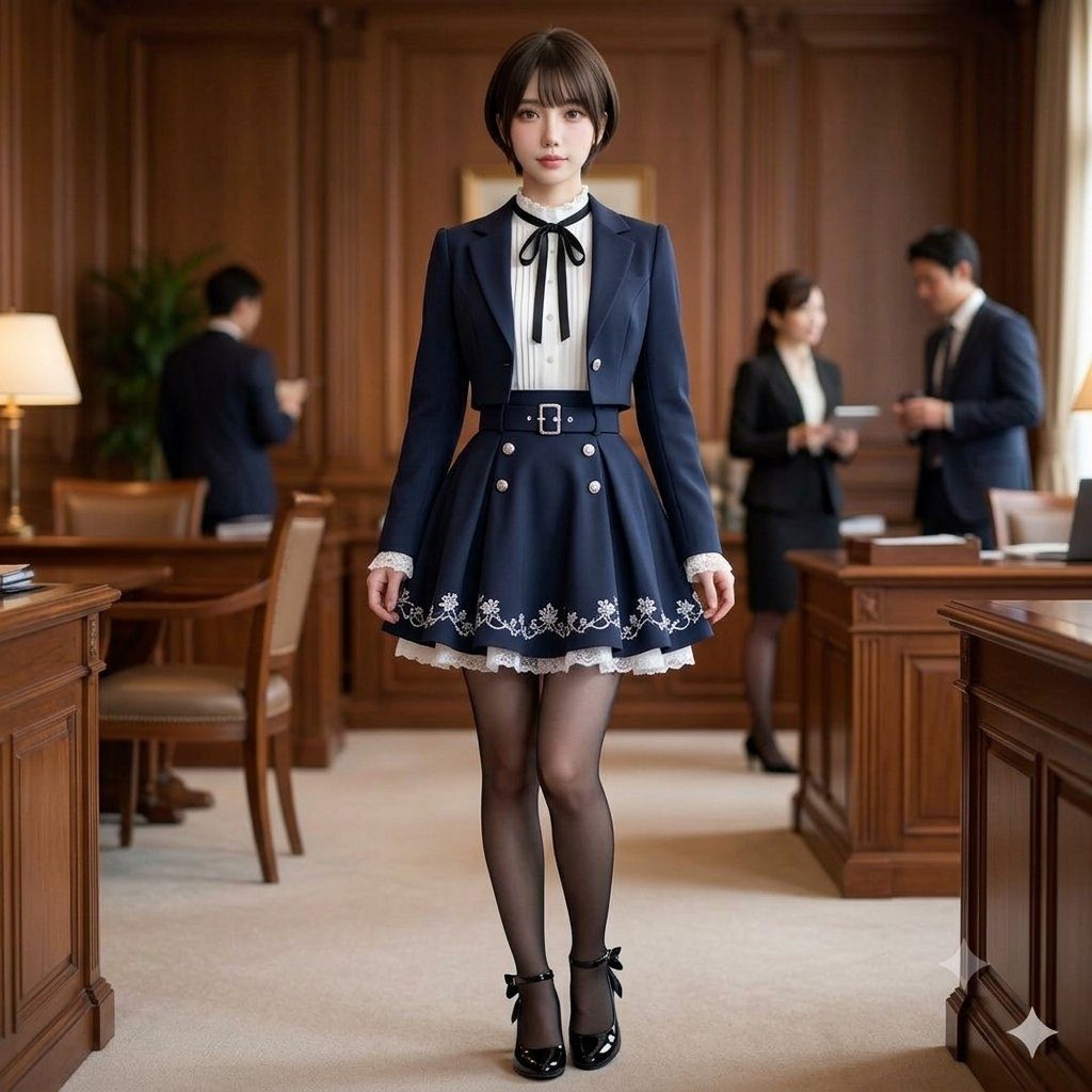 A young woman with short brown hair wears a dark blue suit jacket and matching skirt with white lace trim, standing in a formal office setting.