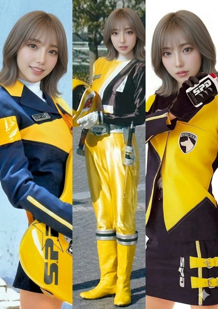 A photorealistic AI-generated image of a woman cosplaying as Deka Yellow from Tokusou Sentai Dekaranger, shown in three different poses and outfits.