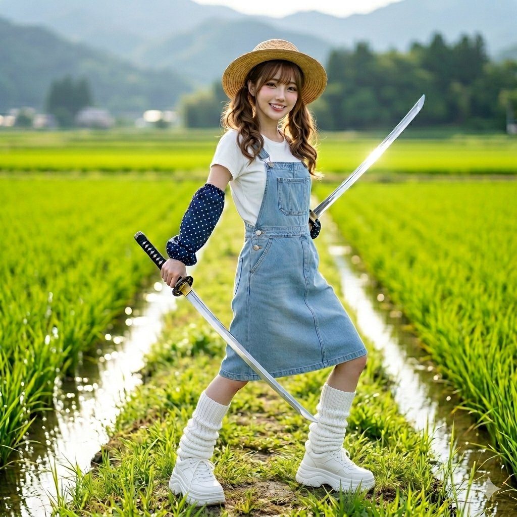 A young woman in a straw hat and denim overalls stands in a rice field, holding two katanas.