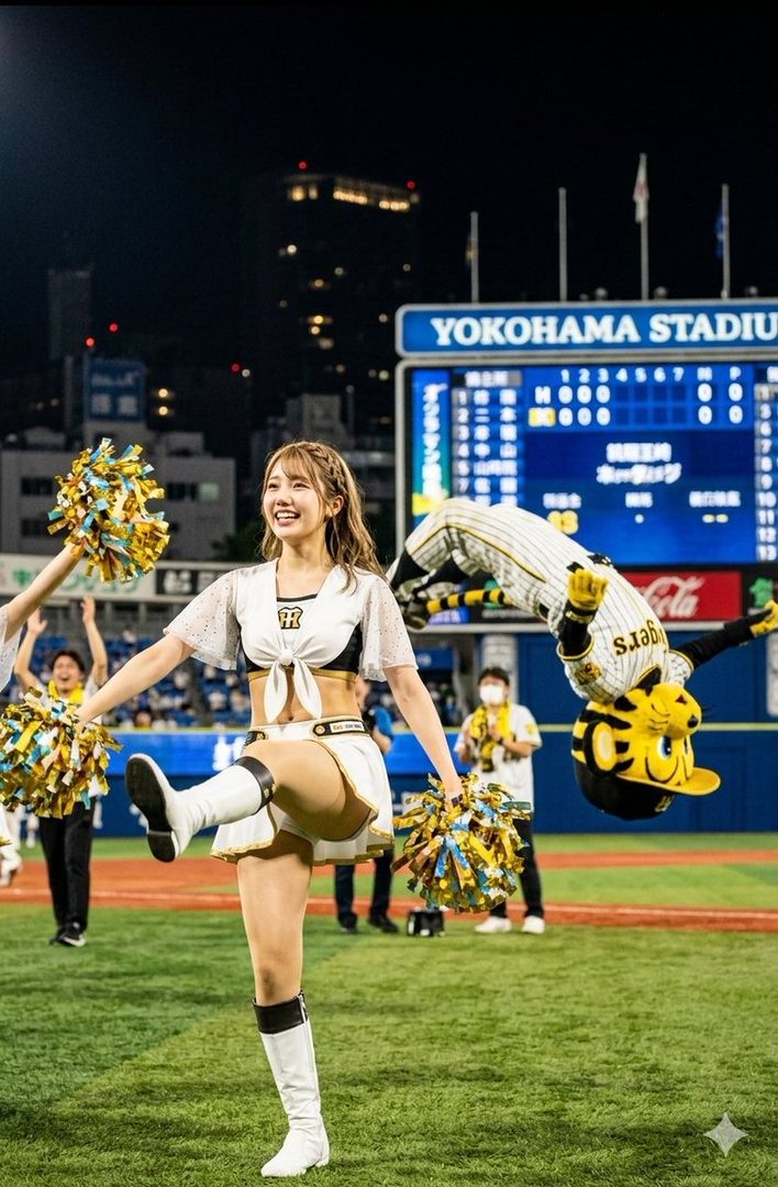 A cheerful Japanese cheerleader in a white and black uniform with pom-poms smiles on a baseball field at night, with a mascot doing a backflip in the background.