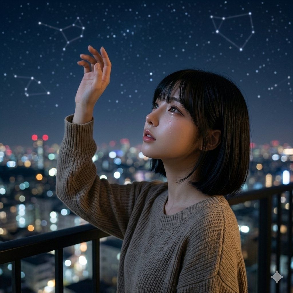 A young woman with short black hair and bangs looks up at the night sky with constellations, reaching out her hand, with a city skyline blurred in the background.
