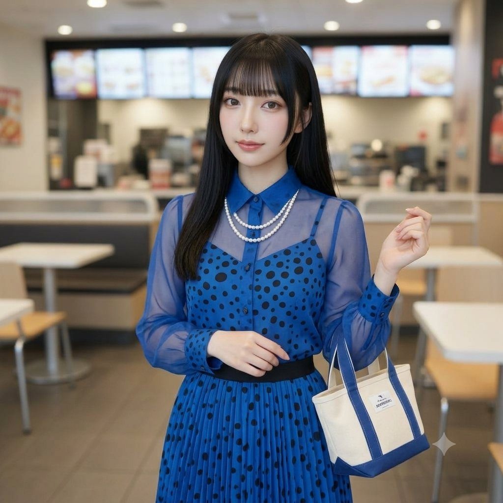 A young woman with long black hair and bangs wears a blue polka dot dress and a sheer blue top with a pearl necklace, holding a small tote bag in an indoor setting.