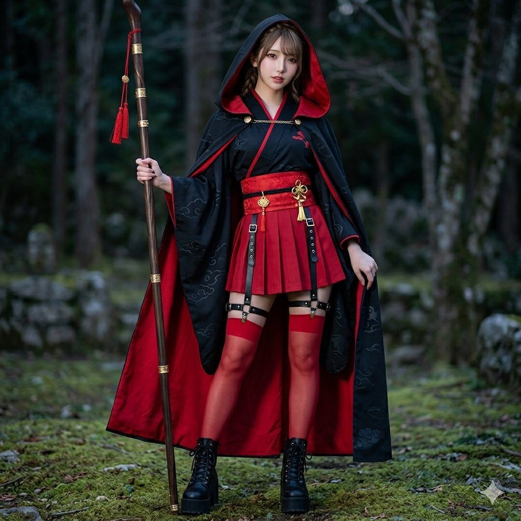 A woman in a red and black hooded kimono-style outfit with a staff stands in a forest.