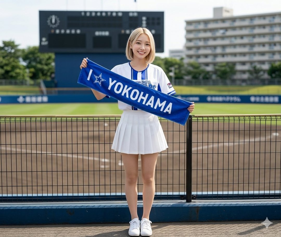 A young woman with blonde hair and a white and blue sports uniform holds a blue towel with "I love YOKOHAMA" written on it, standing on a baseball field.